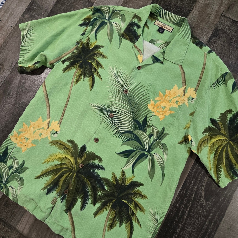 Vintage Tommy Bahama Relax Mens Lime Green 100% Silk Palm Tree Floral Camp Shirt